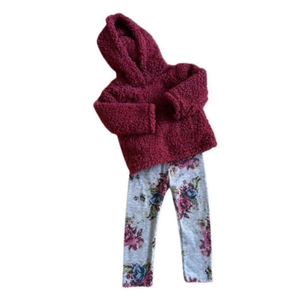 Pippa & Julie Kid's Faux Fur Hoodie & Floral Print Leggings Set Berry/Grey 4 NWT